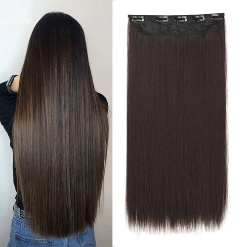 WIGSIN 60cm Synthetic Long Straight Clip In One Piece Hair Extension 5 Clips Brown Black Heat Resistant Fake Hair for Women