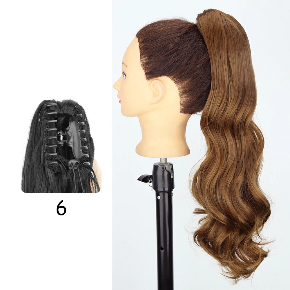LISI GIRL Synthetic 24" Long Wavy Claw Clip On Ponytail Hair Extension Heat Resistant Natural Wave Pony Tail Fake Hairpieces